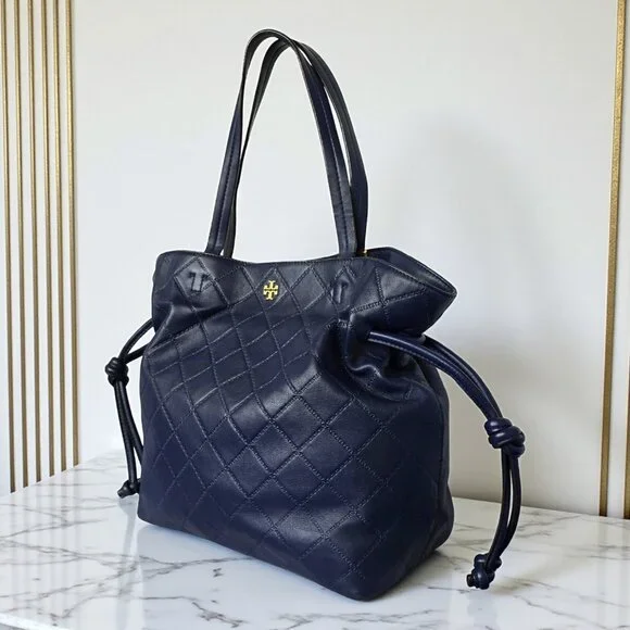 Tory Burch Georgia Quilted Leather Tote Navy Blue Slouchy Golden Hardware - Picture 14 of 17